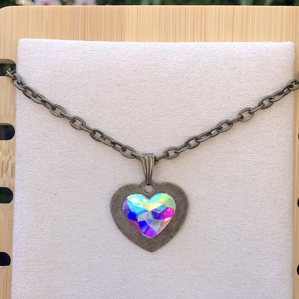 Antique Brass Aurora Borealis Crystal Heart Necklace